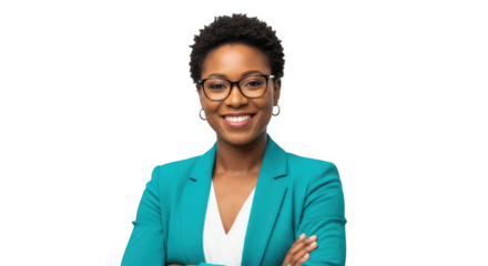 Smiling african american businesswoman with glasses isolated on transparent background