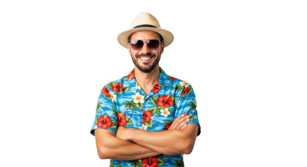 Smiling man in hawaiian shirt with arms crossed isolated on transparent background