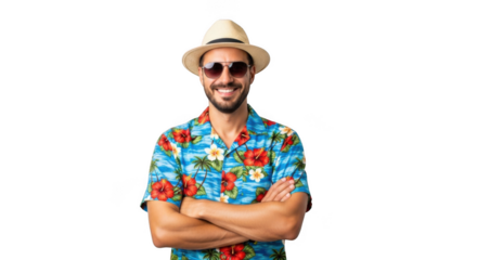 Smiling man in hawaiian shirt with arms crossed isolated on transparent background