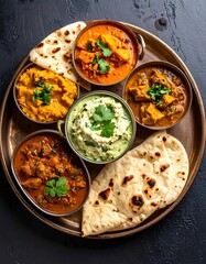 Overhead shot of various Indian curry dishes with naan bread