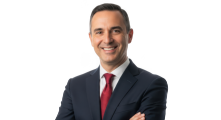 Smiling businessman in suit with arms crossed isolated on transparent background