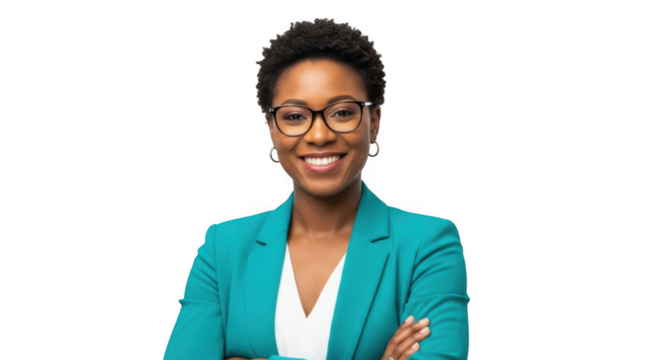 Smiling african american businesswoman with glasses isolated on transparent background