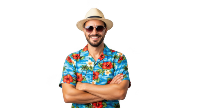 Smiling man in hawaiian shirt with arms crossed isolated on transparent background
