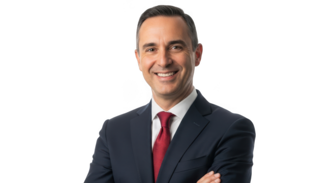 Smiling businessman in suit with arms crossed isolated on transparent background
