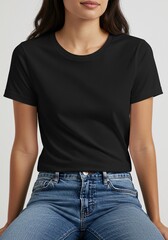 Obraz premium Close-up of a woman in a blank black t-shirt and jeans, a perfect template for an apparel mockup