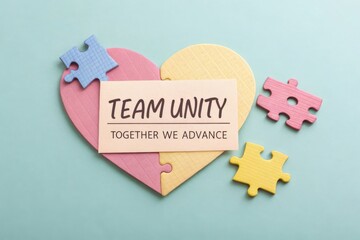 Colorful heart made of puzzle pieces with "TEAM UNITY" text on a card. Scattered jigsaw parts