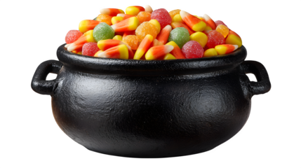 Black witch cauldron bucket filled with colorful candies and candy corn, isolated on white background
