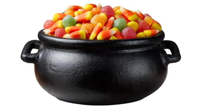 Black witch cauldron bucket filled with colorful candies and candy corn, isolated on white background