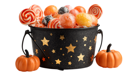 Black pumpkin bucket decorated with glowing stars, filled with lollipops, isolated on white background