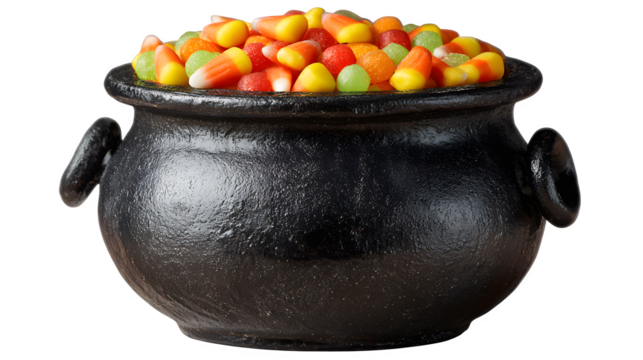 Black witch cauldron bucket filled with colorful candies and candy corn, isolated on white background