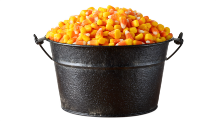 Classic jack-o-lantern bucket with candy corn piled high to the top, isolated on white background