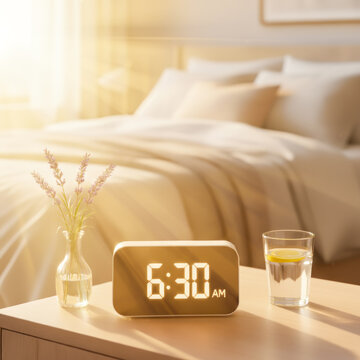 Digital Alarm Clock Showing 6:30 AM On Bedside Table With Lemon Water And Lavender. Concept Of Morning Routine, Healthy Lifestyle, Wake Up Time, Cozy Bedroom, And Wellness Content