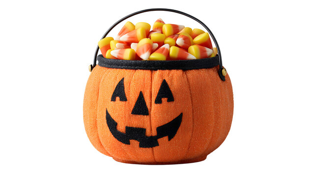 Classic jack-o-lantern bucket with candy corn piled high to the top, isolated on white background
