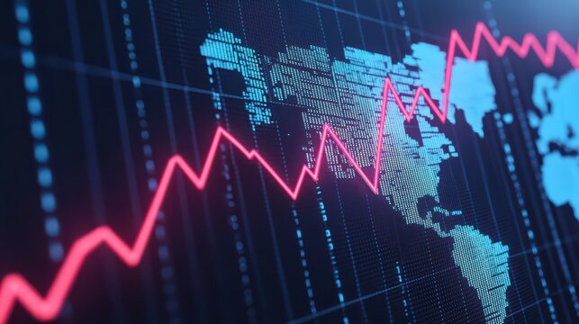 A digital graphic showing a world map with an upward trend line, symbolizing growth or financial metrics in data visualization. - Powered by Adobe