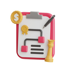 Business planning clipboard with flowchart golden coin chess piece and pen symbolizing strategy growth and success on a clean white background with transparent elements