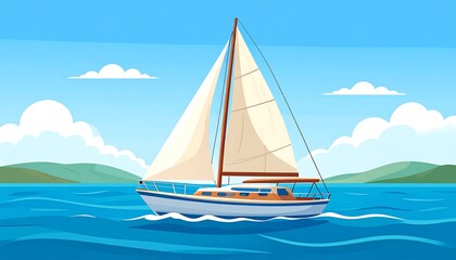 A stylized cartoon illustration shows a sailboat sailing on blue waters under a partly cloudy sky