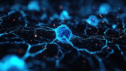 A vibrant blue representation of a cell interconnected with intricate networks, emphasizing the complexity of biological structures at a microscopic level.