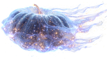 Cosmic spaceship shaped like pumpkin flying through galaxy, neon ghost trails, isolated on white background