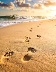 Footprints in golden sand at sunset