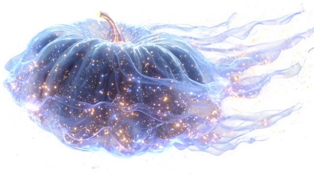 Cosmic spaceship shaped like pumpkin flying through galaxy, neon ghost trails, isolated on white background