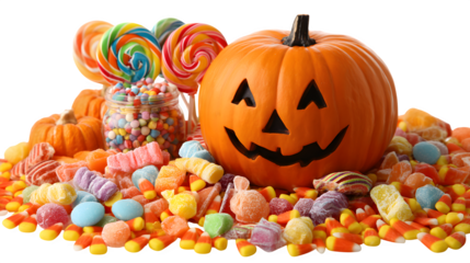 Carved pumpkin overflowing with candies, lollipops and candy corn spilling out, isolated on white