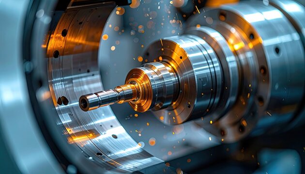 Precision Machining Industrial Lathe Metalworking Sparks Flying During Operation in Factory Workshop