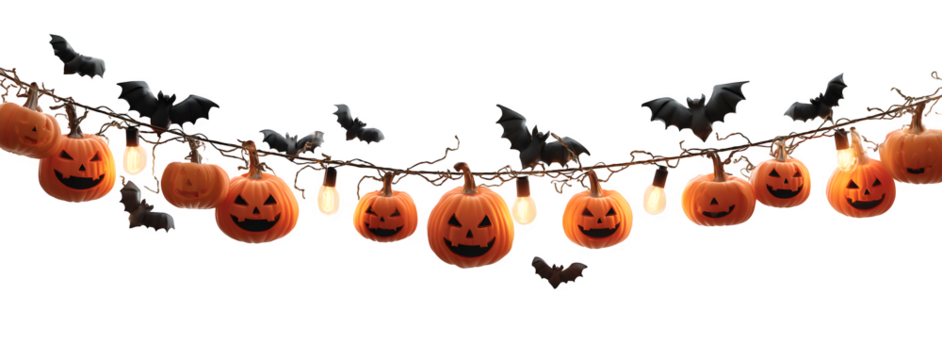 Banner of pumpkins shaped as lanterns with glowing eyes, bats flying above, isolated on white
