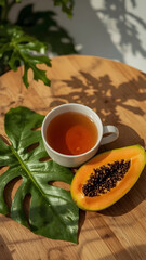 Natural Morning Scene with Papaya Leaf Tea and Fresh Papaya Fruit