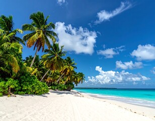Tropical beach scene with palm trees, white sand, and a turquoise ocean