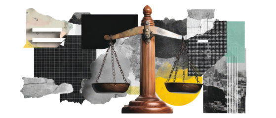 Digital Art Collage Featuring Scales of Justice Isolated on Transparent Background, png