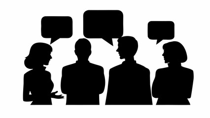 Silhouette of four people in conversation with speech bubbles above their heads in black and white style | editable eps vectors
