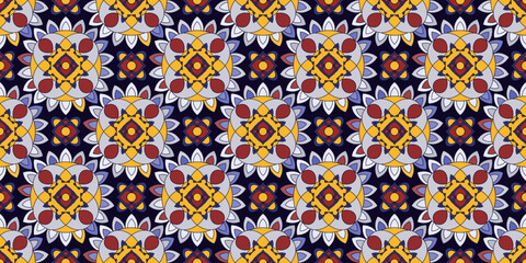 Seamless pattern with traditional Indian floral ornament for fabric swatch or wrapping paper. Vector abstract kaleidoscopic background