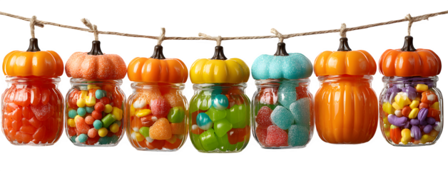 Banner with pumpkins shaped like candy jars, candies spilling out, isolated on white