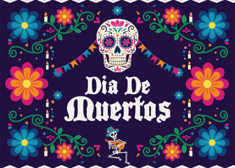 Dia de Muertos Mexican Day of the Dead festival background with gothic typography, skulls, skeletons, and floral decorations, perfect for greeting cards, invitations, posters, and banners.