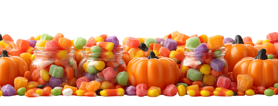 Banner with pumpkins shaped like candy jars, candies spilling out, isolated on white