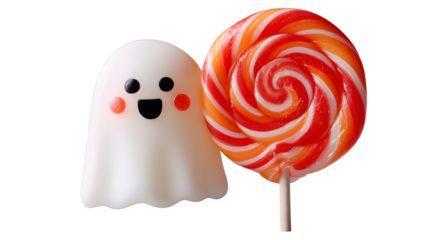 Ghost holding lollipop candy swirl, happy carved eyes, isolated on white