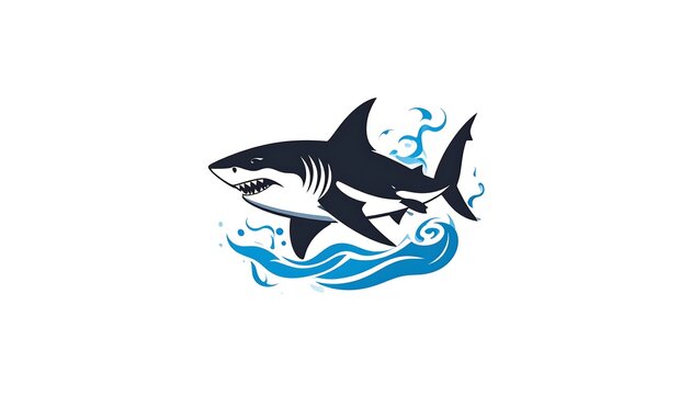 A stylized illustration of a shark swimming in waves, with a minimalist design on a white background