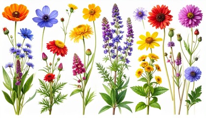 Wild flowers collection, set isolated on transparent white backgrounds
