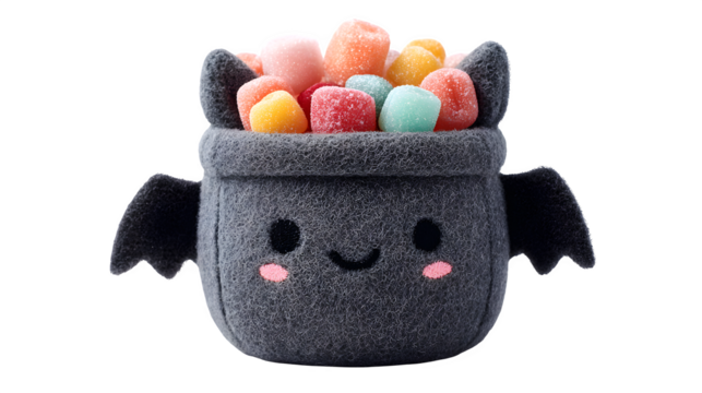 Cute bat bucket with smiling face, stuffed with sweets and jelly beans, isolated on white background
