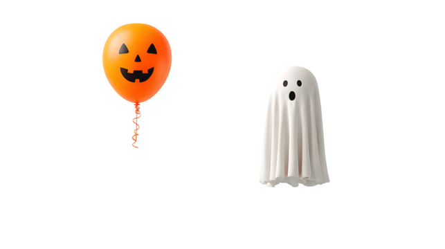 Ghost flying with balloon shaped like jack-o-lantern, isolated on white
