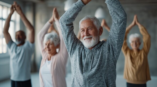 group of seniors doing stretching exercise together at retirement centre elderly men and old women exercising at nursing home during daily fitness retired couples exercising at care facility no logos - Powered by Adobe