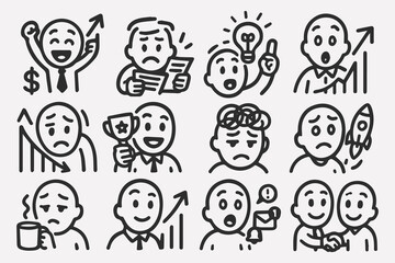 collection of stick figures illustrating different emotions and actions associated with shopping, from happy to overwhelmed