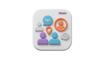 3D graphic of icons representing users, demographics, and location data, on a white square
