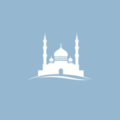 A minimalist white silhouette of a mosque with minarets and a dome against a light blue background.