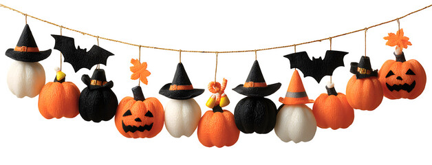 Decorative garland of hanging pumpkins, bats, witch hats, and candy corn, isolated on white