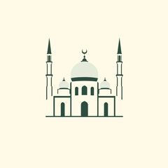 Simple illustration of a mosque with minarets, dome, and crescent moon.
