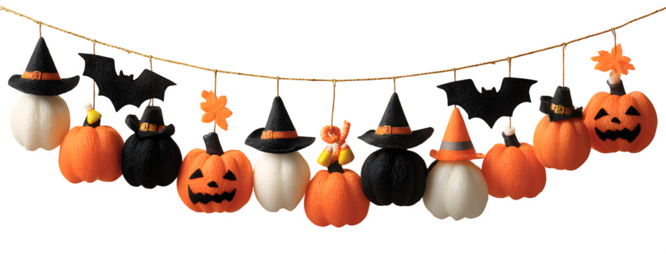 Decorative garland of hanging pumpkins, bats, witch hats, and candy corn, isolated on white