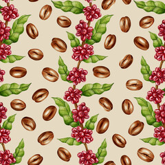 A watercolor seamless pattern with coffee twigs, red berries and leaves, and roasted coffee beans. Perfect for coffee shop branding, packaging design, menus, and textile prints.
