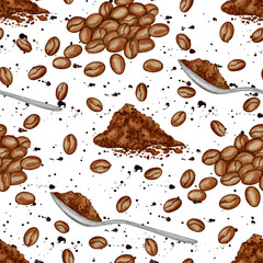 Watercolor seamless pattern with coffee beans, spoons, and ground powder. Perfect for coffee shops, packaging, cafe menus, and branding designs.