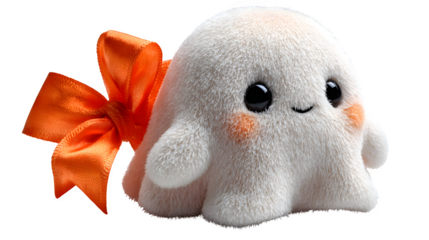 Cute Halloween plush ghost toy with gift ribbon, isolated on white background